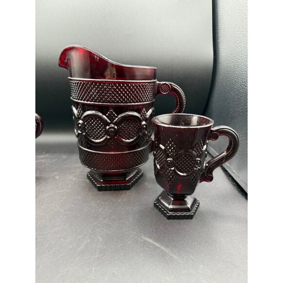 Vintage Avon Cape Cod Ruby Red Glass Footed Mugs with Matching Pitcher - Picture 6 of 8